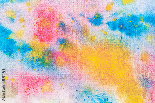 Watercolor abstract background painting with spray, spots, splashes. Hand drawn on paper grain texture