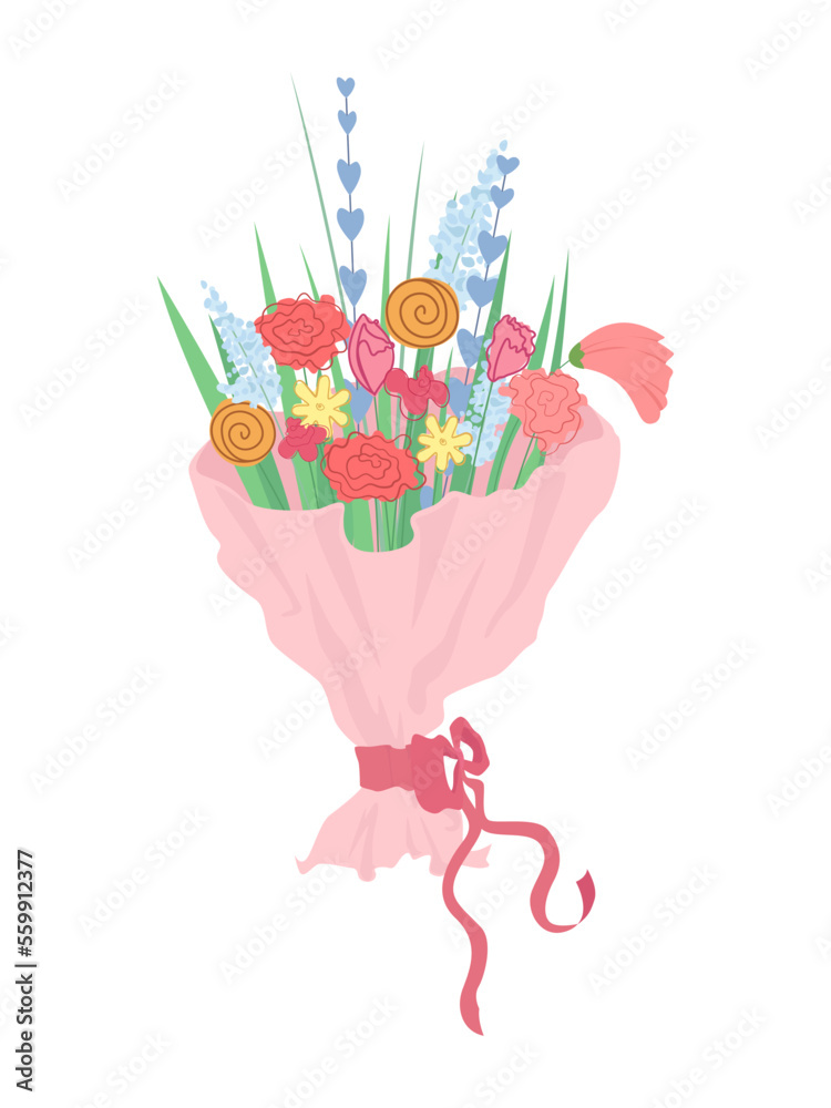Vector illustration of flowers, bouquet mix of flowers, rz, tulips, daisies in pink bouquet. Beautiful minimalistic bouquet. Flat flower stylized in color. For holiday February 14, stickers, postcards