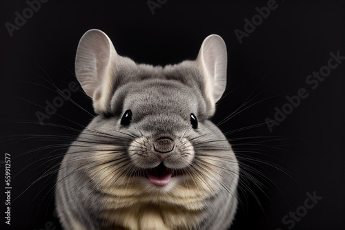 Illustration portrait of a cute chinchilla making a laughing happy face in front of black background. Generative ai photo