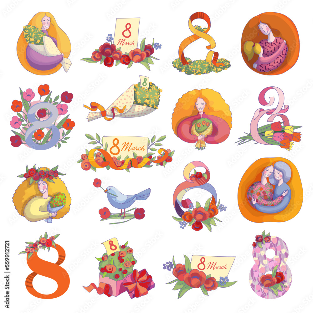 Set of 8 March greeting cards for International Womens Day. Beautiful women with bouquets of spring flowers postcard, advertisement, brochure design vector illustration Set of 8 March greeting cards for International Womens Day. Beautiful women with bouquets of spring flowers postcard, advertisement, brochure design vector illustration