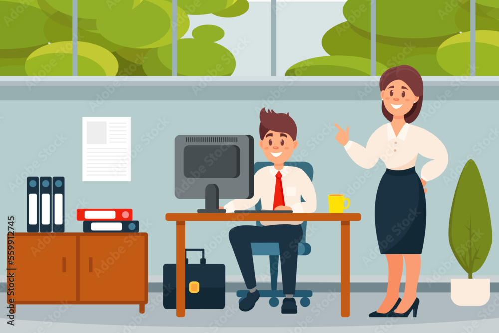 Supervisor manager checking work of office staff and giving advice in office cartoon vector