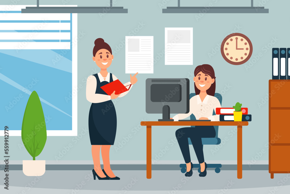 Office characters talking together at workplace. Manager woman giving instructions to female subordinate. Positive communication of colleagues cartoon vector Office characters talking together at workplace. Manager woman giving instructions to female subordinate. Positive communication of colleagues cartoon vector