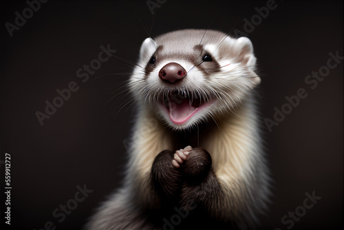 Illustration portrait of a brown happy laughing ferret on dark background. Generative ai