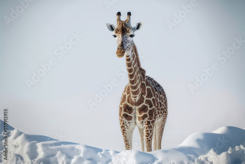 Giraffe in snowy winter day. Generative AI.