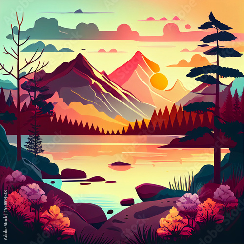 Landscape of mountains and lake, illustration. Generative AI. © Valentyna