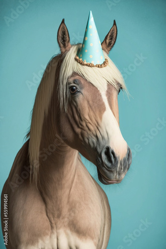 Portrait von einem Pferd mit Partyhut und Geburtstagstorte am Geburtstag feiern vor pastellfarbenen Hintergrund