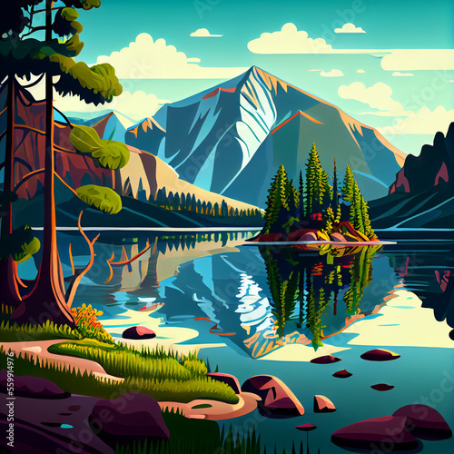 Landscape of mountains and lake, illustration. Generative AI.