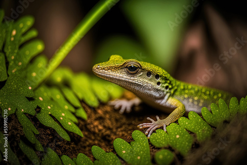 Beautiful Indonesian lizard, baby dasia olivacea on leaves olive tree skink, perched on leaves in a natural setting. Generative AI photo