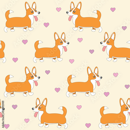 Corgi seamless pattern with little hearts. Cartoon home pet, cute puppies for print, posters and postcard. Vector welsh corgi animal background. Funny little doggy pattern. Be my Valentine concept