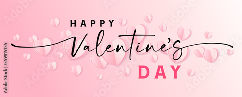 Happy Valentine's Day elegant inscription with swirl and paper hearts. Valentine Day calligraphy for greeting cards or promotion banner design. Vector illustration