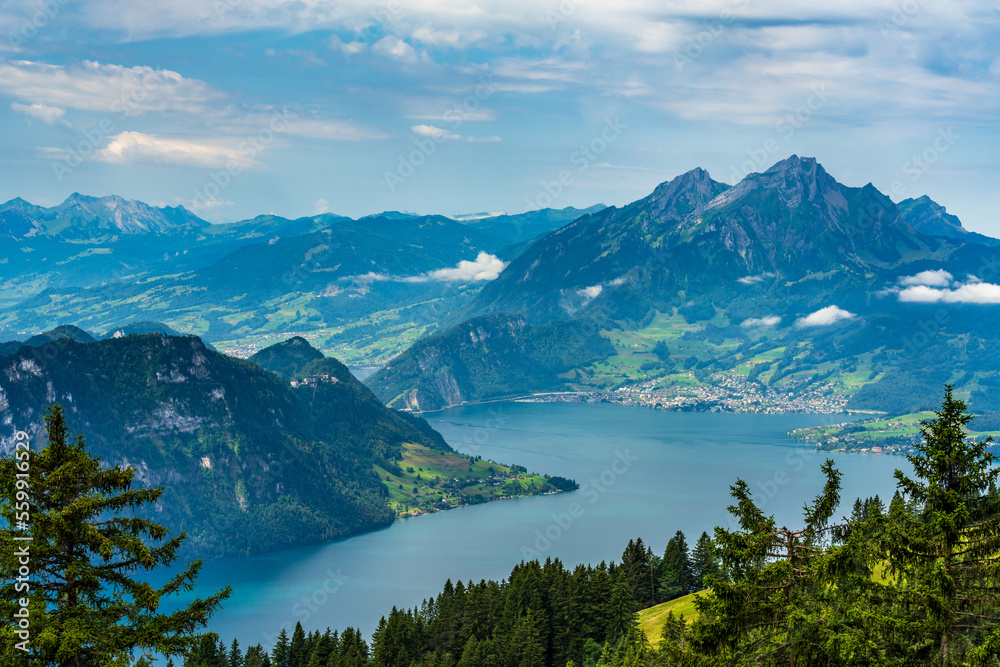 Switzerland 2022, Beautiful view of the Alps from Rigi Kulm. Lake Luzern and Pilatus.