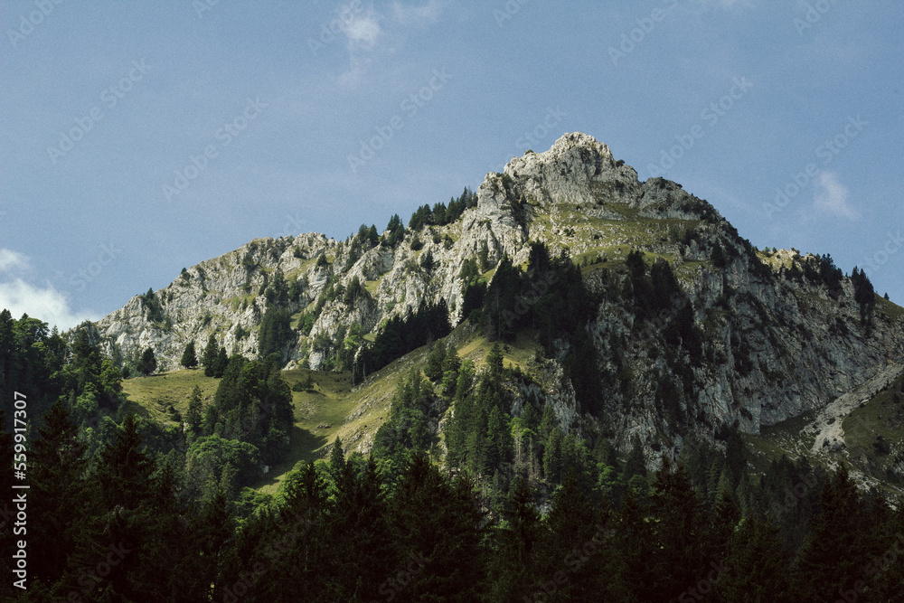 Switzerland landscape of Kleiner Mythen mountain in Schwyzer Alps in sunny daylight