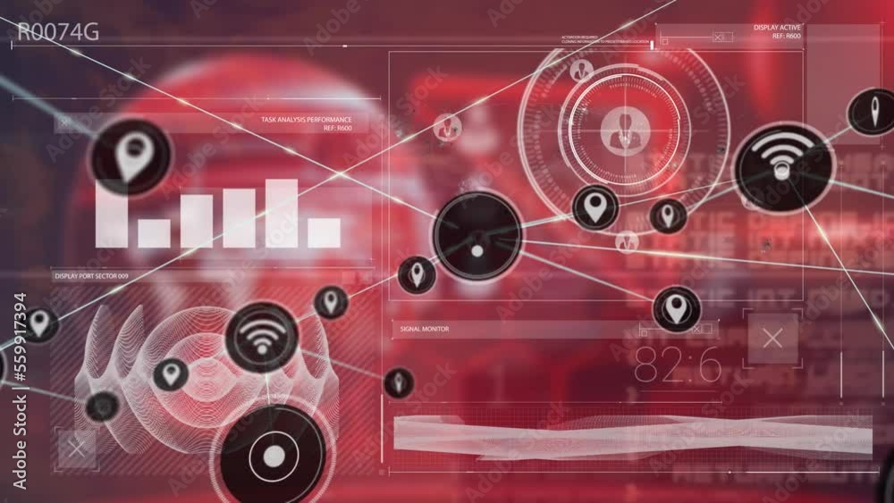 Animation of network of digital icons over interface with data processing against red background