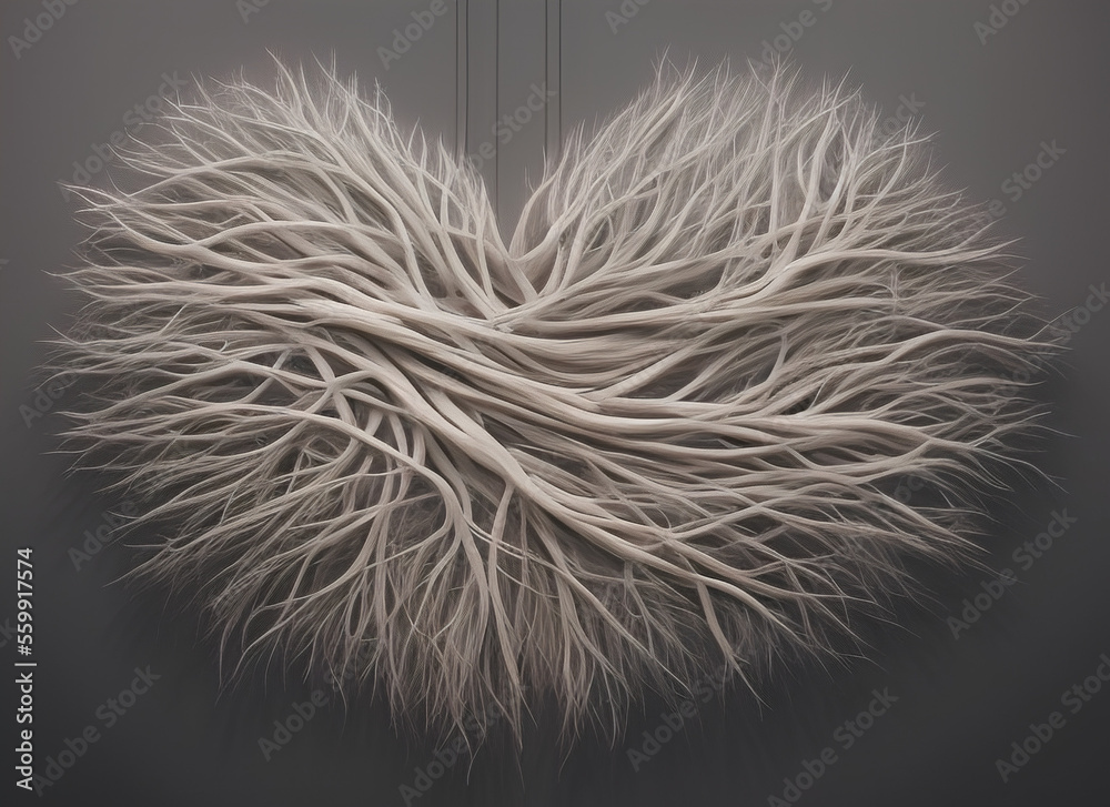Illustration of a chic floral decorative heart made of white branches of different thicknesses. On a gray background. Generative AI.