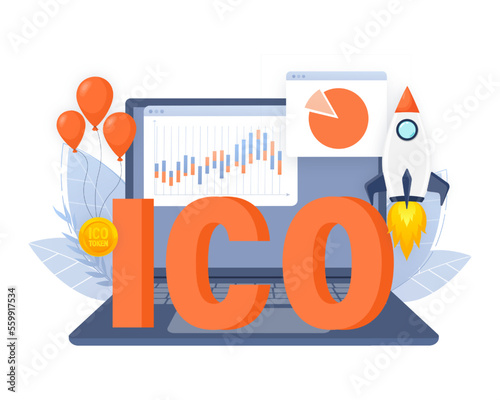 Initial coin offering, ICO Token production process vector illustration. Cryptocurrency trading desk, bitcoin futures, financial technology, blockchain ICO abstract metaphor