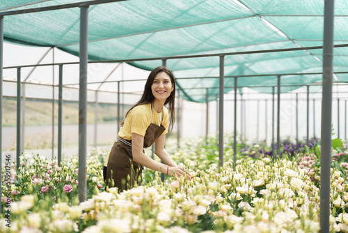 Young florist in apron working in greenhouse. Cheerful woman working with flowers, inspecting them for sale.