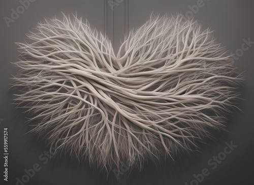 Illustration of a chic floral decorative heart made of white branches of different thicknesses. On a gray background. Generative AI.