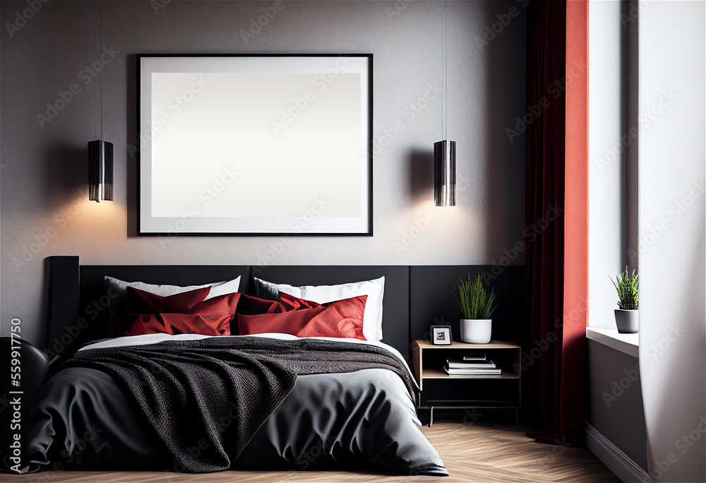Mockup horizontal frame bedroom home interior elegant furnishing, red grey and black colors, bed with cushion. Generative AI 3D render Mockup horizontal frame bedroom home interior elegant furnishing, red grey and black colors, bed with cushion. Generative AI 3D render