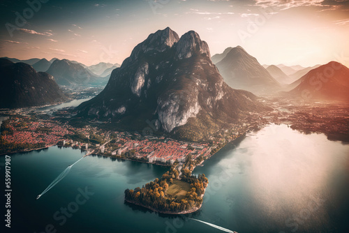 Aerial view of Lecco, Italy's Lombardy region, located on the Como Lake. Generative AI
