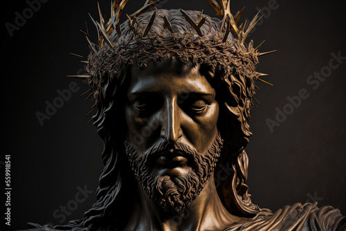 Jesus Christ statue with a side angle void and a gold crown of thorns. Generative AI