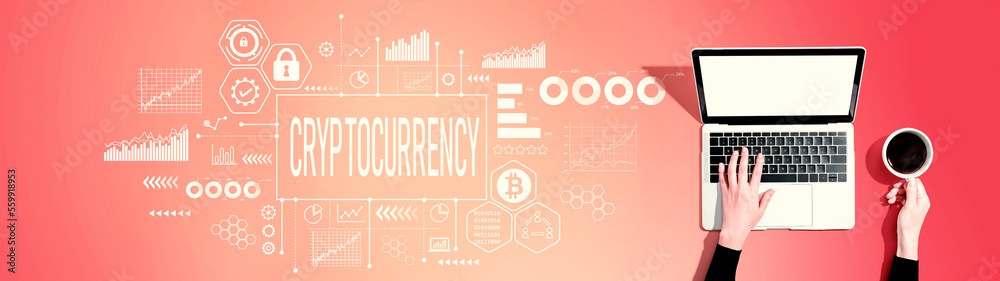 Cryptocurrency with person using a laptop computer Cryptocurrency with person using a laptop computer
