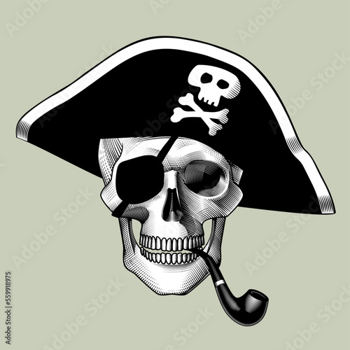 Vintage engraving stylized drawing of a human skull full face in a cocked hat with a pirate symbol, with a black eye patch and a smoking pipe in its teeth