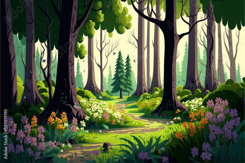 Landscape of magical spring forest illustration. Generative AI