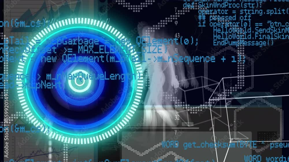 Animation of neon round scanner, data processing and geometric shapes against human body model Animation of neon round scanner, data processing and geometric shapes against human body model