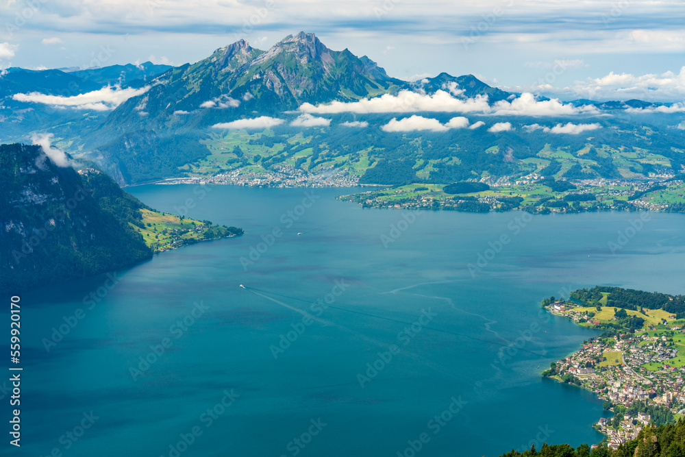 Switzerland 2022, Beautiful view of the Alps from Rigi Kulm. Pilatus and lake Luzern.