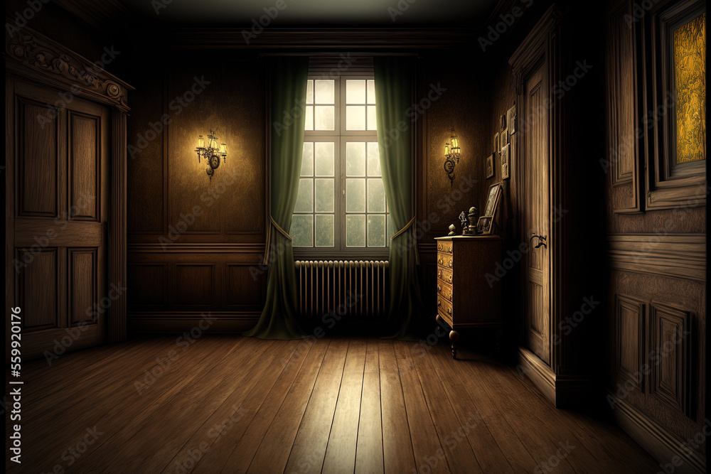 antique interior of a room with a wooden floor. Generative AI