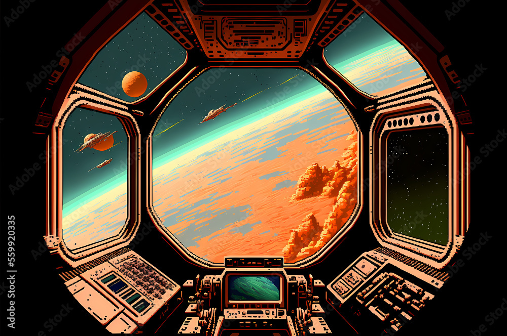 Illustrazione Stock Pixel Art Science Fiction Scene of the Futuristic  Cockpit of a Spaceship Over an Alien Planet with Spacecraft and Moons  Gliding Over the Surface. [Science Fiction Landscape. Graphic Novel, Video