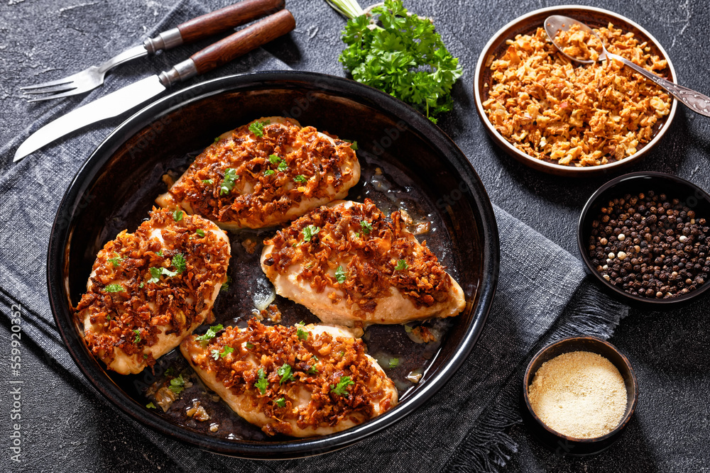 chicken breasts with crunchy fried onion coating