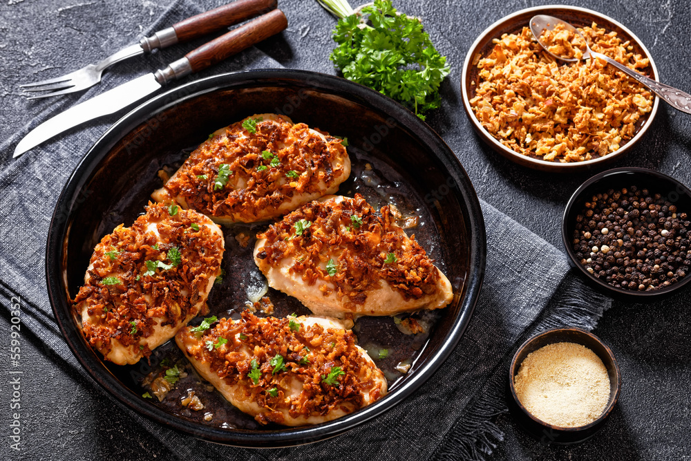 chicken breasts with crunchy fried onion coating chicken breasts with crunchy fried onion coating