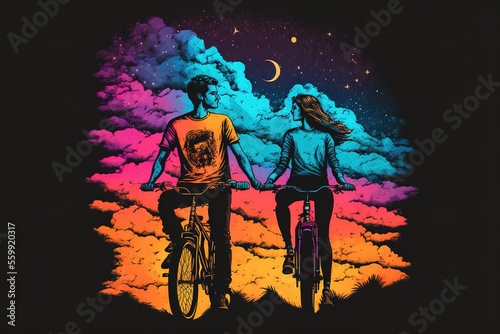 Lovers ride a bike under a beautiful sky