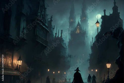 Silhouetted People in Wizard or Thief Type Cloaks in a Dark Nighttime Fantasy City Approaching a Towering Black Castle in the Distance. Thieves / Wizards Cityscape. [Sci-Fi, Fantasy, Historic, Horror] photo