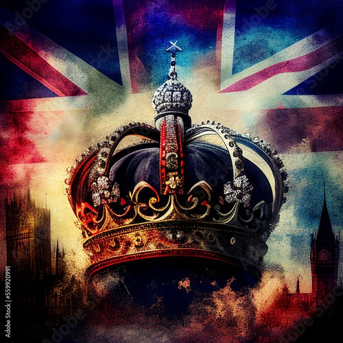 Creative british style background with flowers and united kingdom uk flag, AI generated illustration