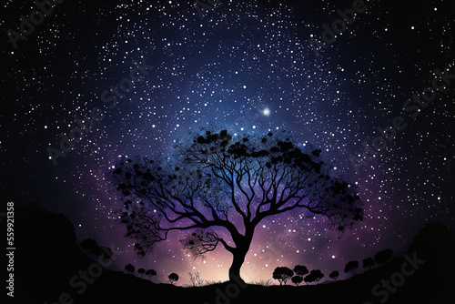Silhouette of nighttime nature backdrop with a starry cosmic nebula universe light. Generative AI © 2rogan