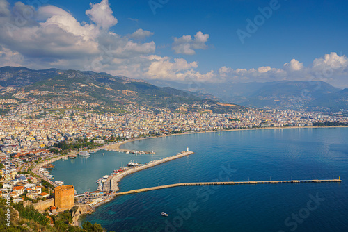 aerial panoramic view of the port and coastline of Alanya, Antalya, Turkey