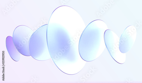Glass podium background for product display in 3D render. Transparent glass circles and iridescent color gradient discs for podium background