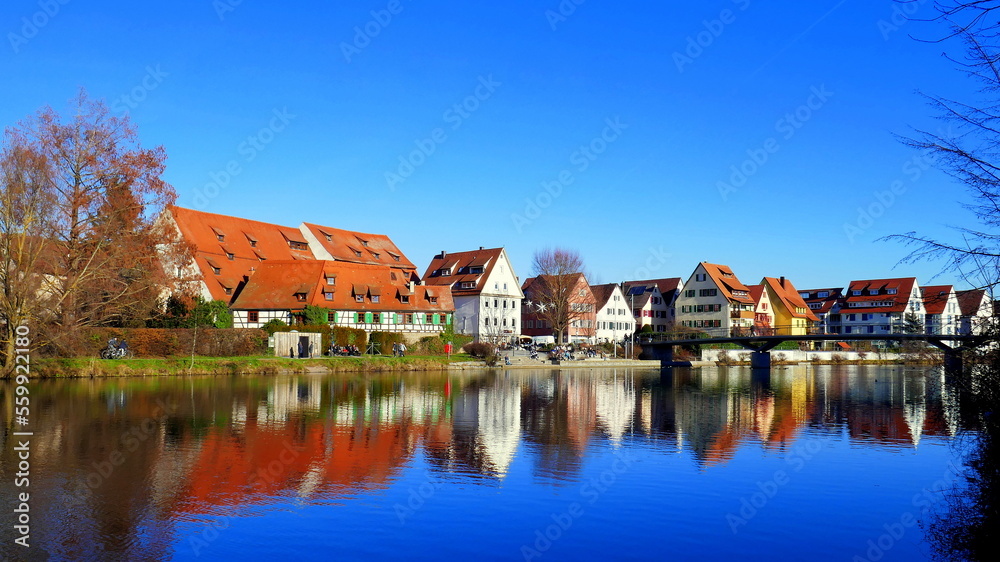 Altenheim und Wohnhäuser idyllisch gelegen entlang des Neckar in Rottenburg unter blauem Himmel