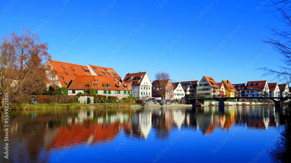 Obraz premium Altenheim und Wohnhäuser idyllisch gelegen entlang des Neckar in Rottenburg unter blauem Himmel