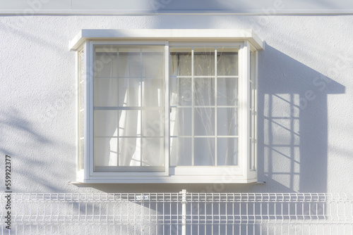 White window on the white wall house. It represent concepts of heaven  calmness  tranquility  peacefulness and happiness.