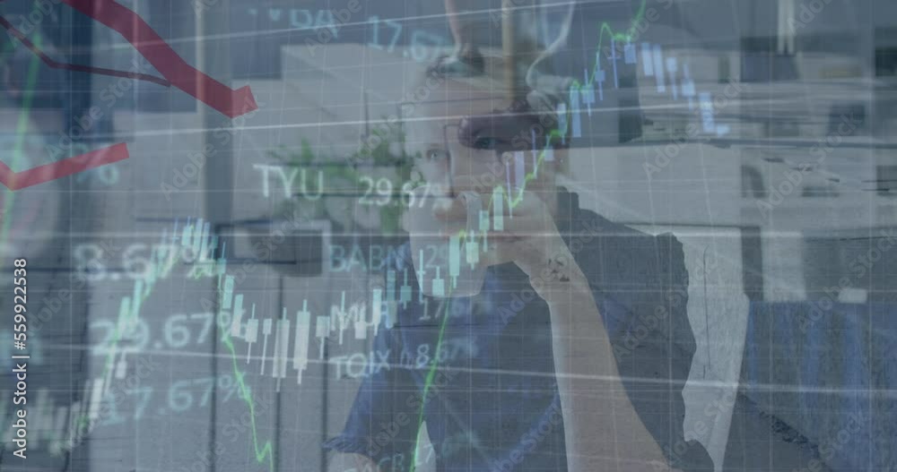 Animation of red lines and financial data processing over businesswoman in office Animation of red lines and financial data processing over businesswoman in office