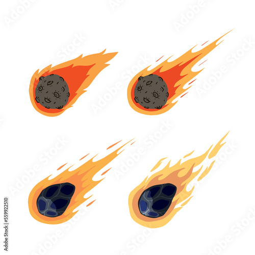 Flying asteroid, Burning comet. Astronomical object with tail vector design illustration. Set of Dangerous explosive space object