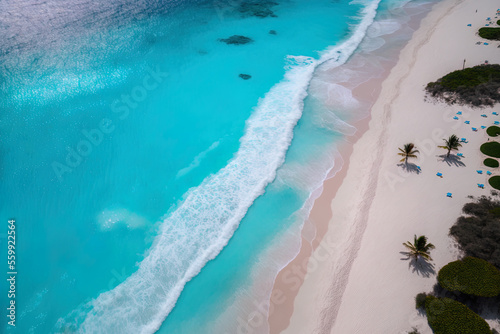 An aerial picture of a lovely beach. Drone aerial image of the beach's turquoise ocean with room for writing. aerial picture of a Caribbean beachfront beach with turquoise ocean and large waves. Aeria © 2rogan
