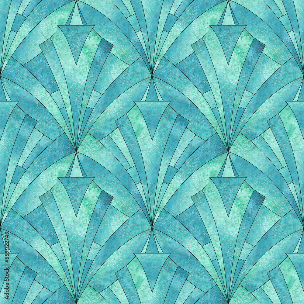 Art deco style geometric forms teal turquoise seamless pattern background Art deco style geometric forms teal turquoise seamless pattern background