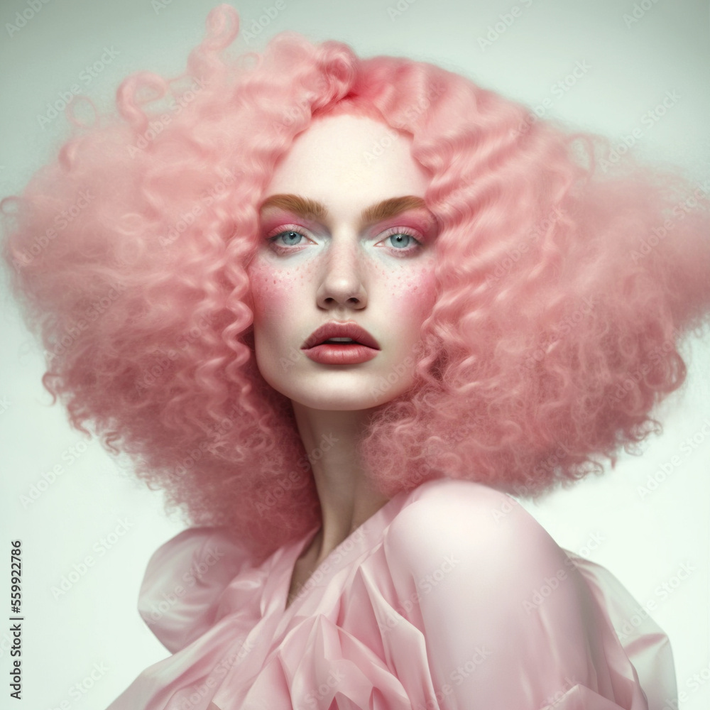 Portrait of beautiful woman with pink curly hair. AI generated image.	
