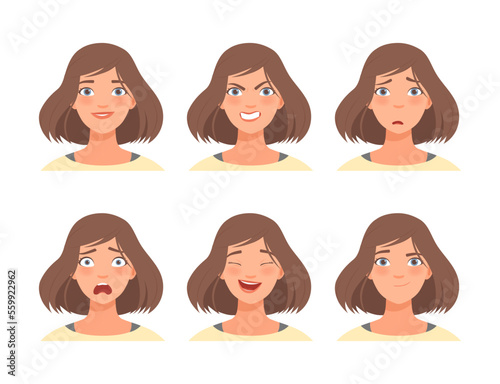 Face expressions of young beautiful woman set. Female character with different emotions cartoon vector illustration