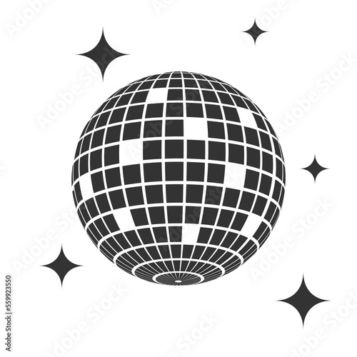 Sparkling mirror disco ball icon. Shining nightclub party sphere isolated on white background. Dance music event discoball. Mirrorball in 80s discotheque style. Nightlife symbol