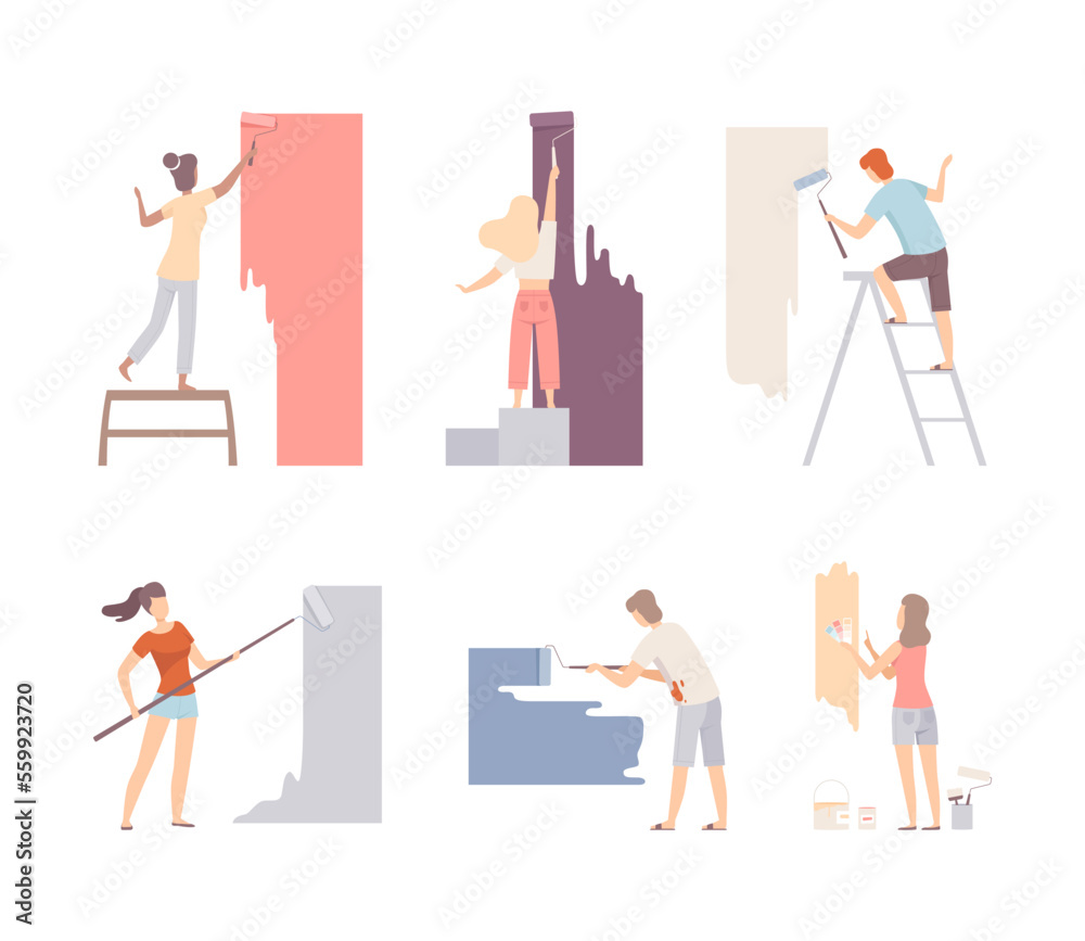 View from behind of male and female painters painting wall with rollers set cartoon vector illustration